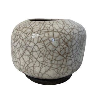 Signed Raku Fired Pottery Vase With Crackle Glaze